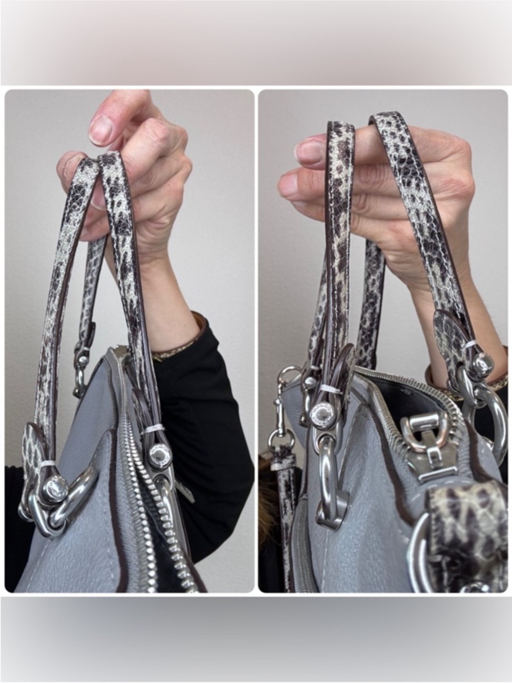 Coach Kacey Pebble Leather SatchShoulder Bag in Light Gray with Snake-Print Trim - Picture 6 of 16